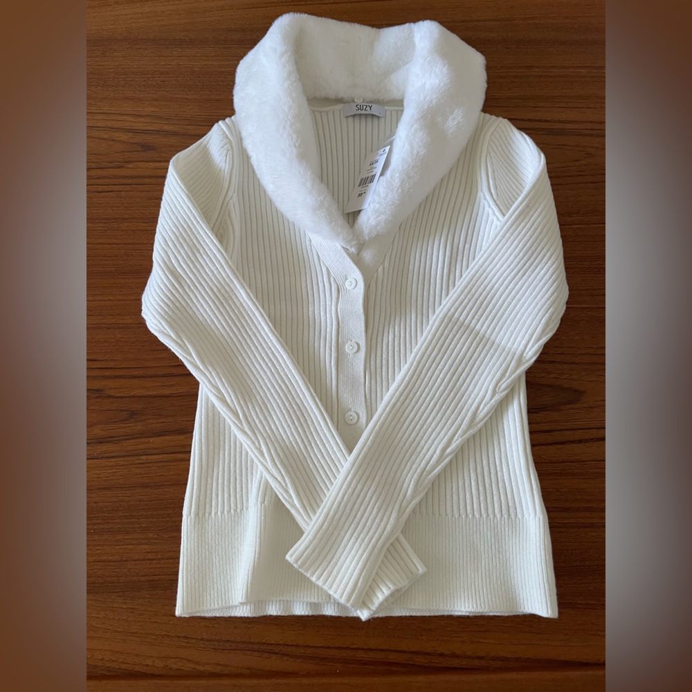 Suzy Shier Fur Trim Cardigan